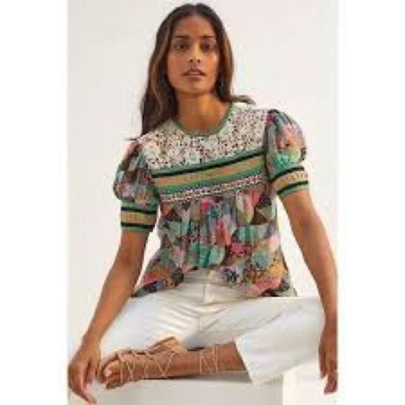 Anthropologie Tops - Anthropologie VERB Patchwork Embroidered Lace Floral Puff Sleeve Top
